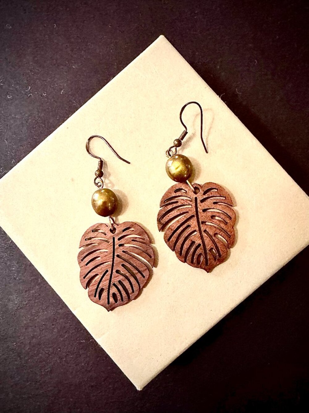 Wood Monstera Leaf Cutout Earrings Brown Pearl Bead Tropical Boho Hawaii